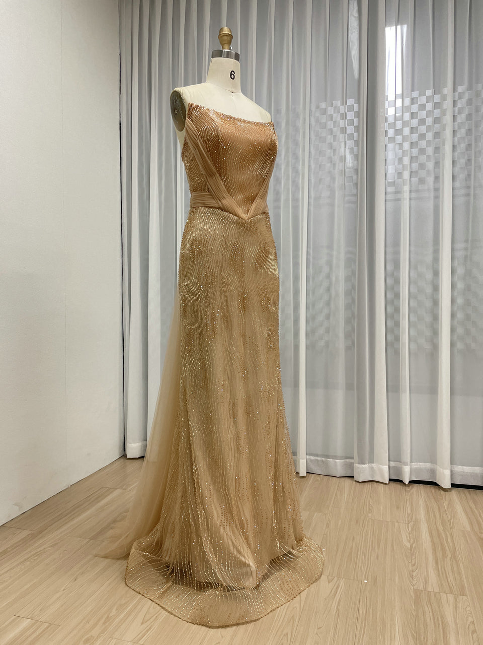Gold Strapless Ruched Satin and Beaded Mermaid Evening Dress MY30188