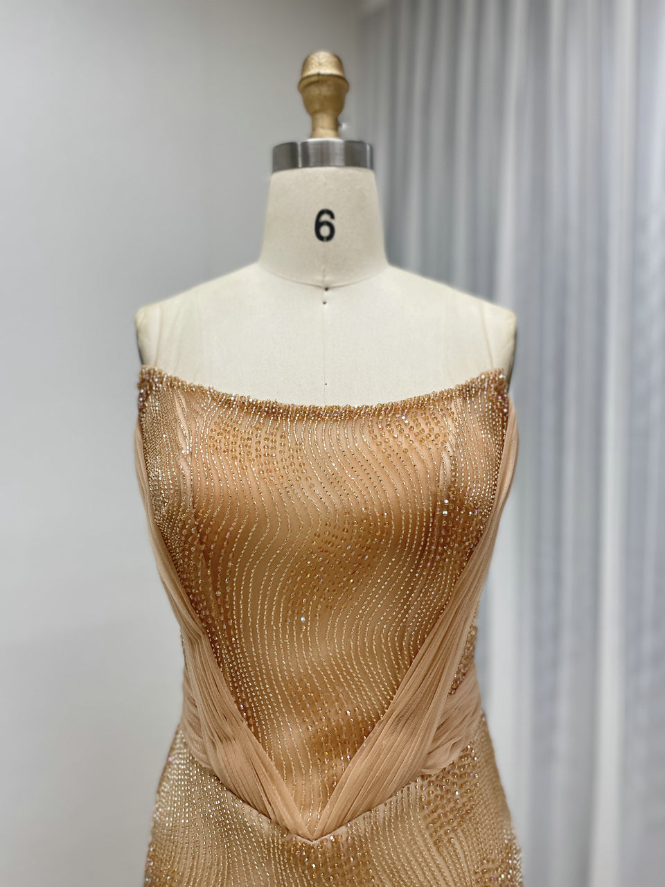 Gold Strapless Ruched Satin and Beaded Mermaid Evening Dress MY30188