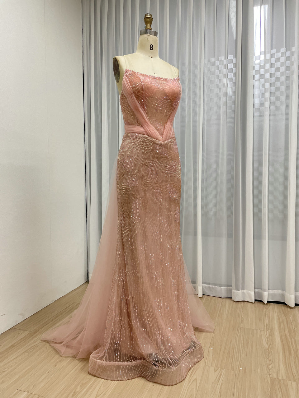 Gold Strapless Ruched Satin and Beaded Mermaid Evening Dress MY30188