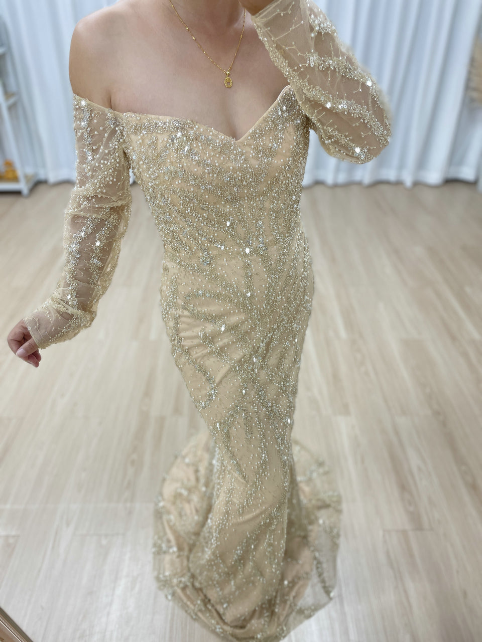 Champagne Gold Off-Shoulder Mermaid Evening Dress Luxury Long Sleeve Formal Gown MY30190