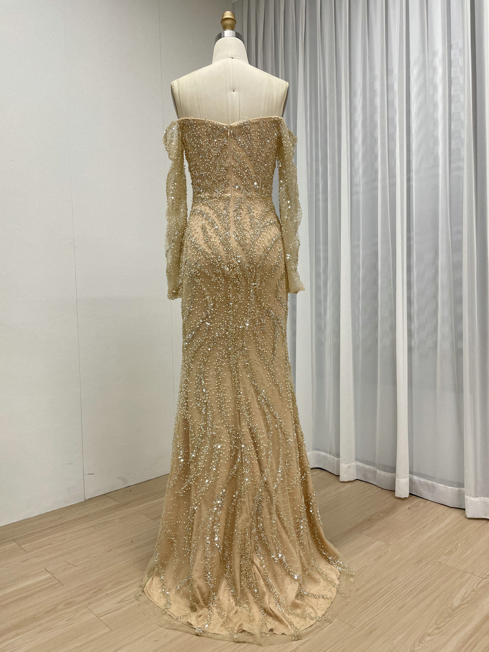Champagne Gold Off-Shoulder Mermaid Evening Dress Luxury Long Sleeve Formal Gown MY30190