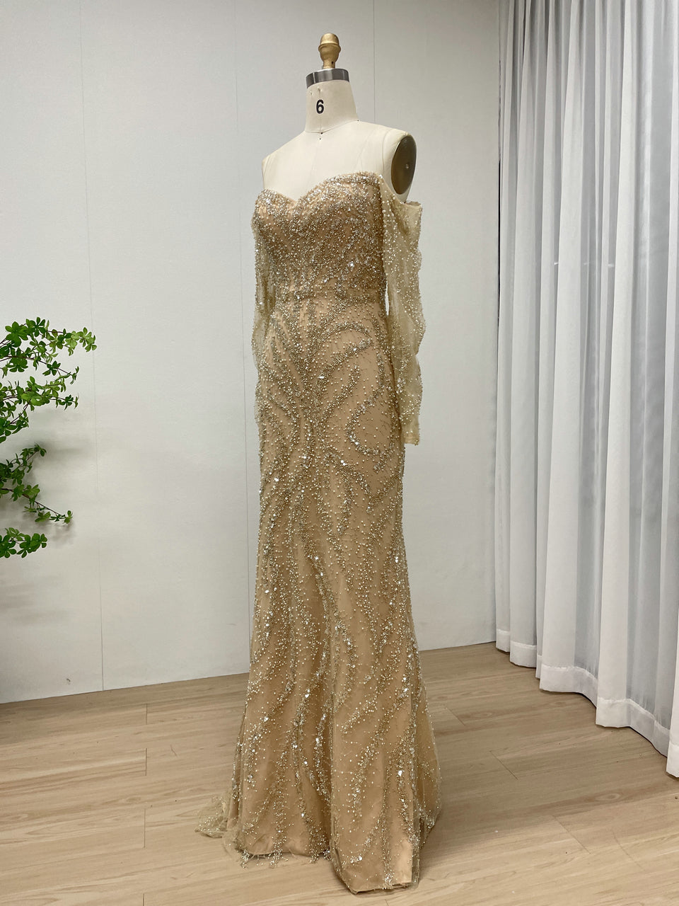Champagne Gold Off-Shoulder Mermaid Evening Dress Luxury Long Sleeve Formal Gown MY30190