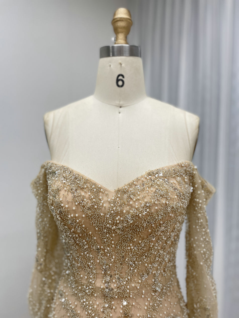 Champagne Gold Off-Shoulder Mermaid Evening Dress Luxury Long Sleeve Formal Gown MY30190