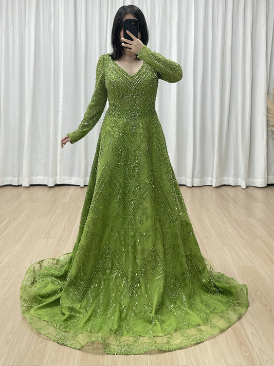Green Beaded Long Sleeve Prom Dress A-Line Formal Evening Gown MY30193