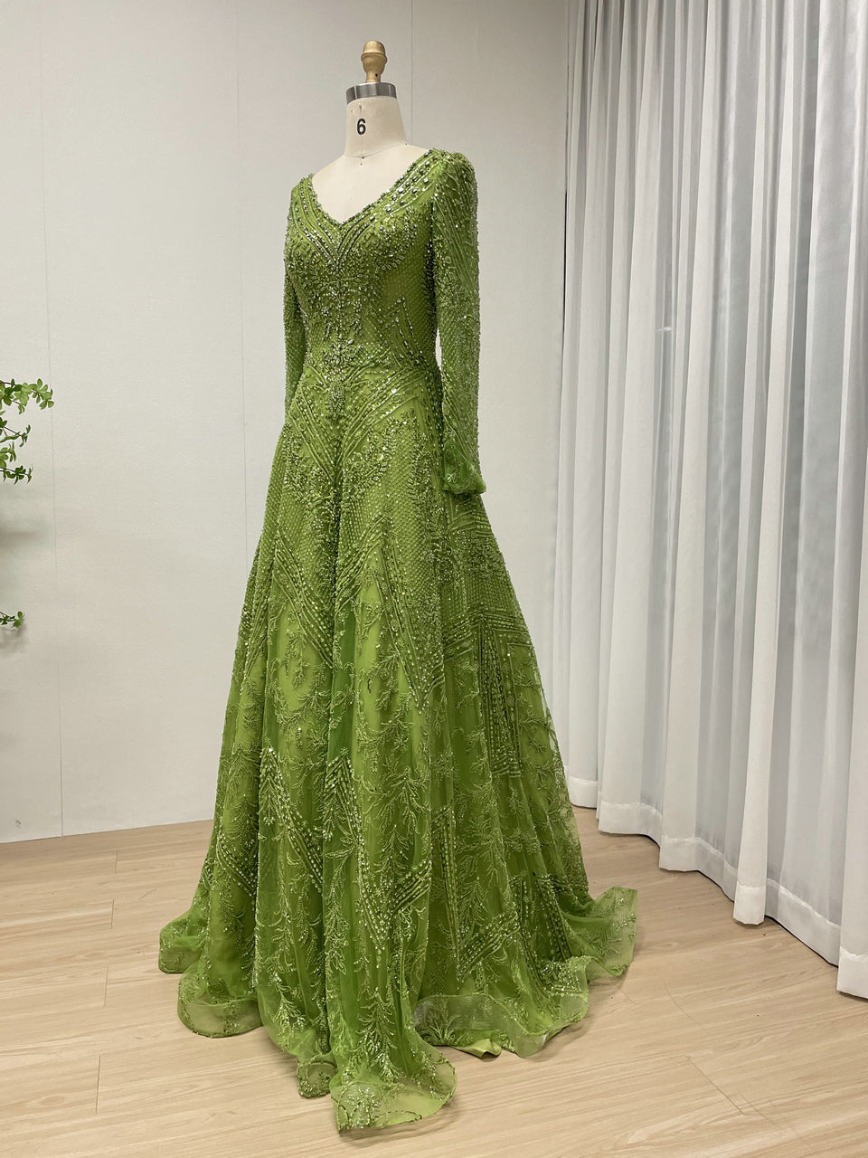 Green Beaded Long Sleeve Prom Dress A-Line Formal Evening Gown MY30193