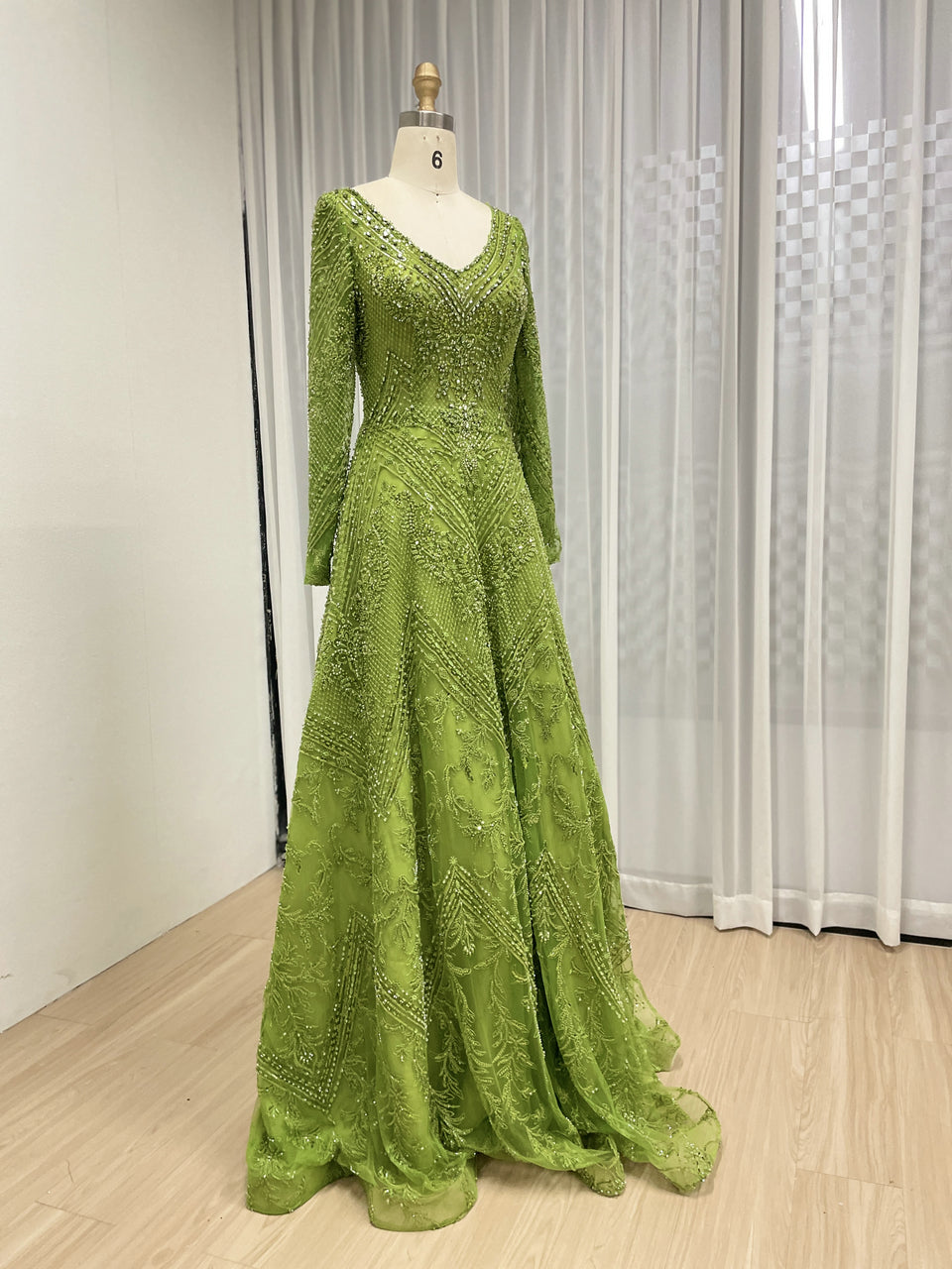 Green Beaded Long Sleeve Prom Dress A-Line Formal Evening Gown MY30193