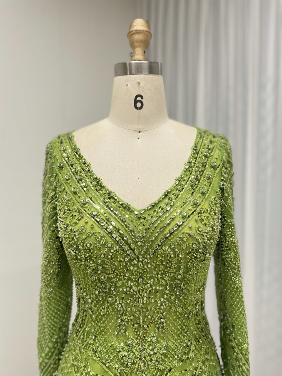 Green Beaded Long Sleeve Prom Dress A-Line Formal Evening Gown MY30193