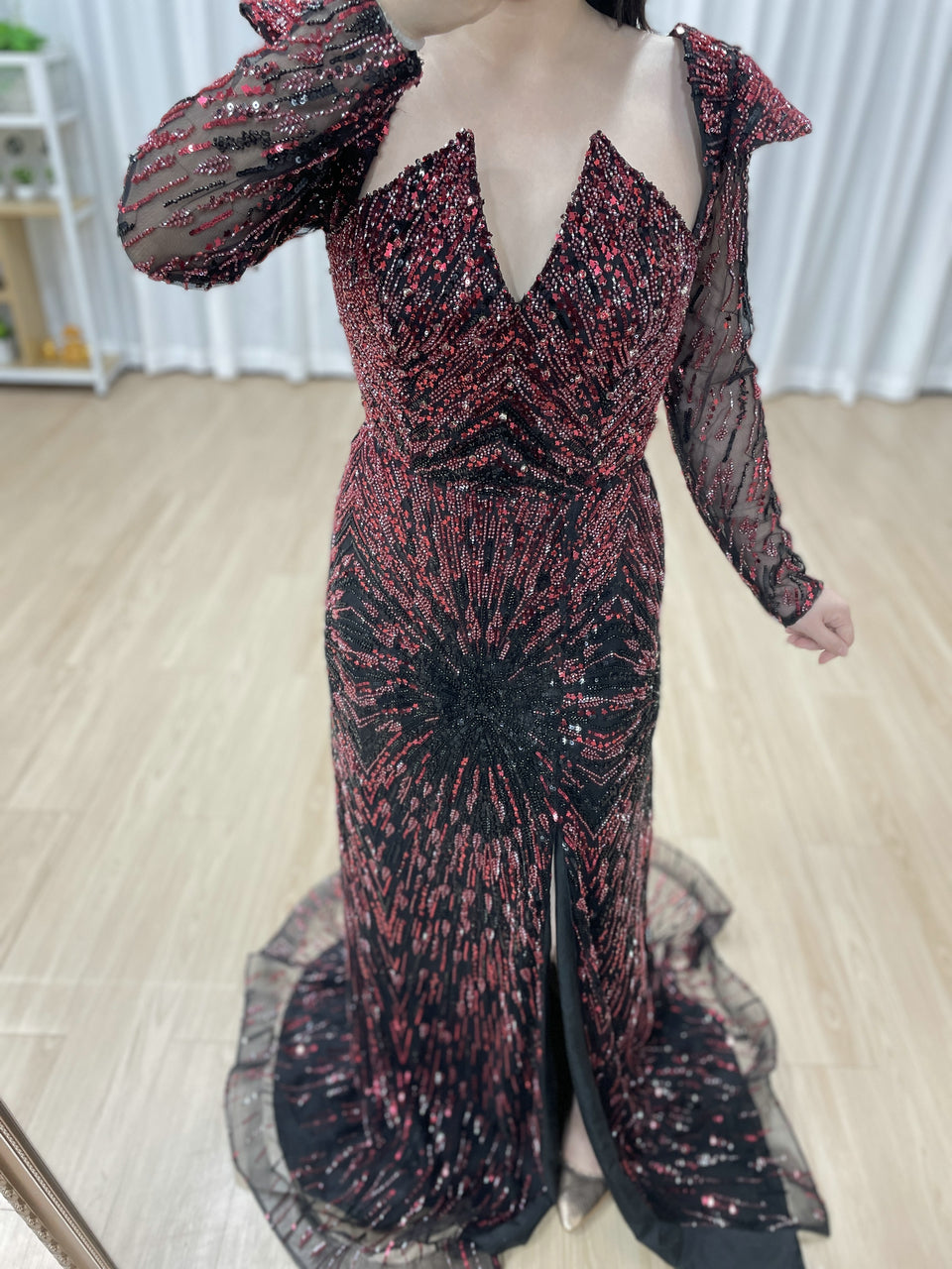 Luxury Arabic Beaded Prom Gown Long Sleeve Black Wine Slit Party Dress MY30194
