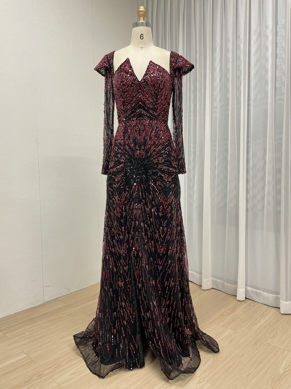 Luxury Arabic Beaded Prom Gown Long Sleeve Black Wine Slit Party Dress MY30194