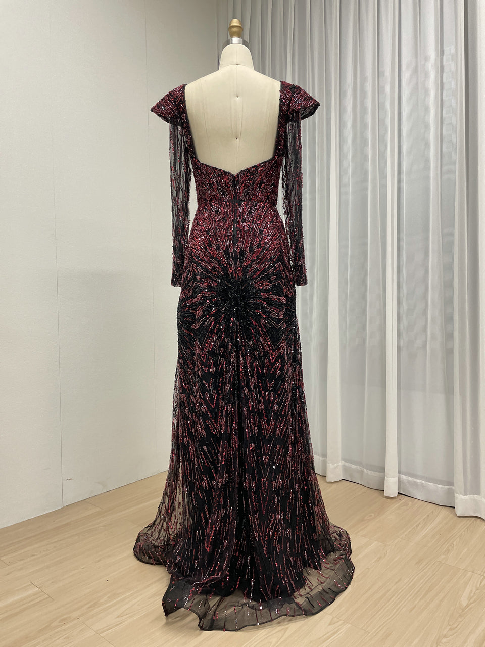 Luxury Arabic Beaded Prom Gown Long Sleeve Black Wine Slit Party Dress MY30194