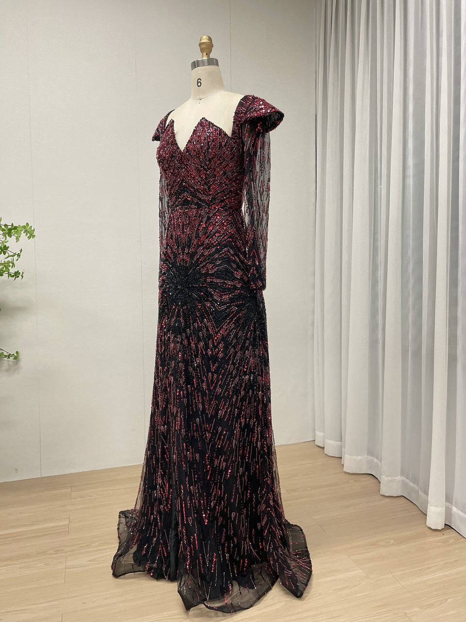 Luxury Arabic Beaded Prom Gown Long Sleeve Black Wine Slit Party Dress MY30194