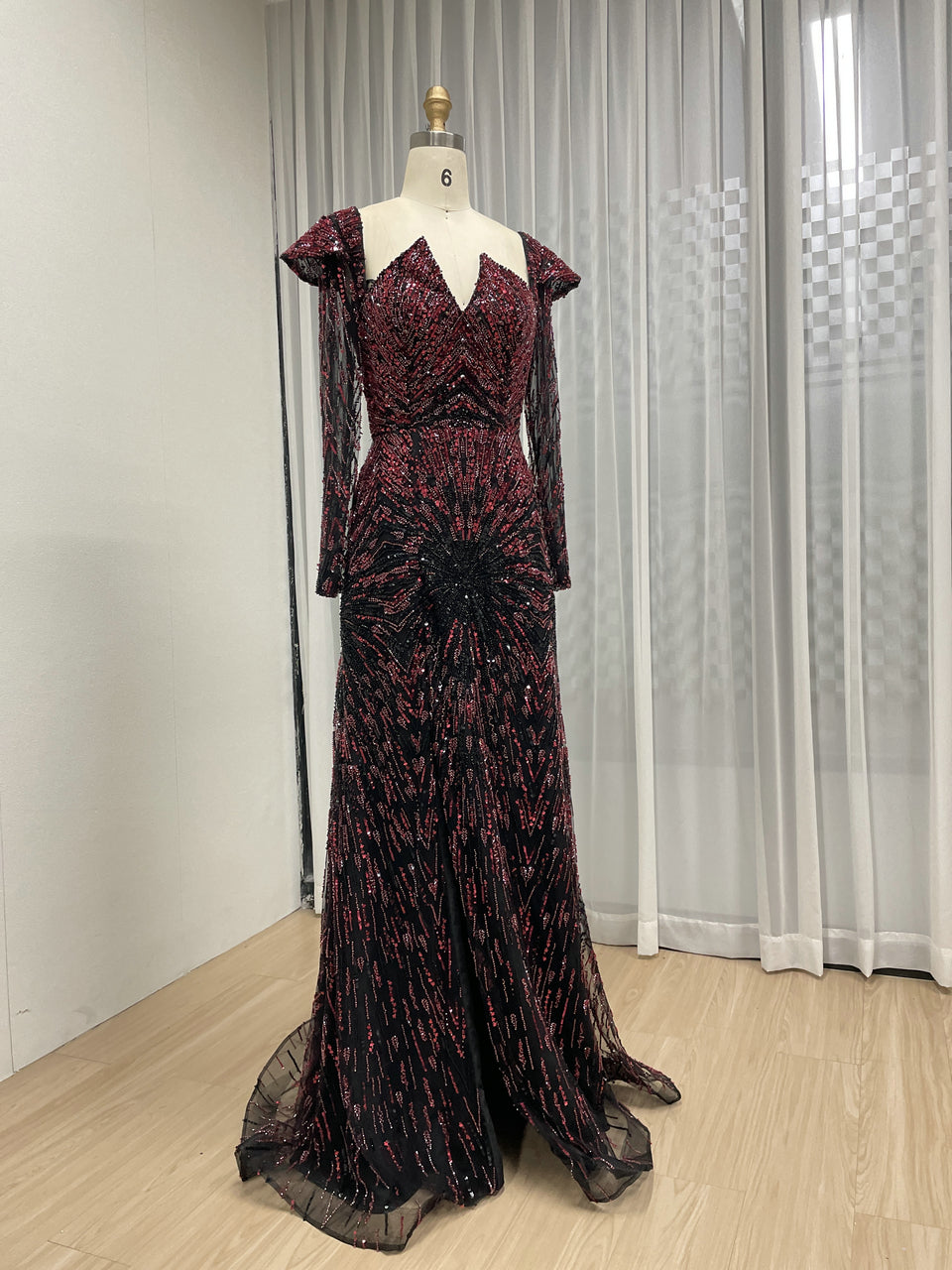 Luxury Arabic Beaded Prom Gown Long Sleeve Black Wine Slit Party Dress MY30194