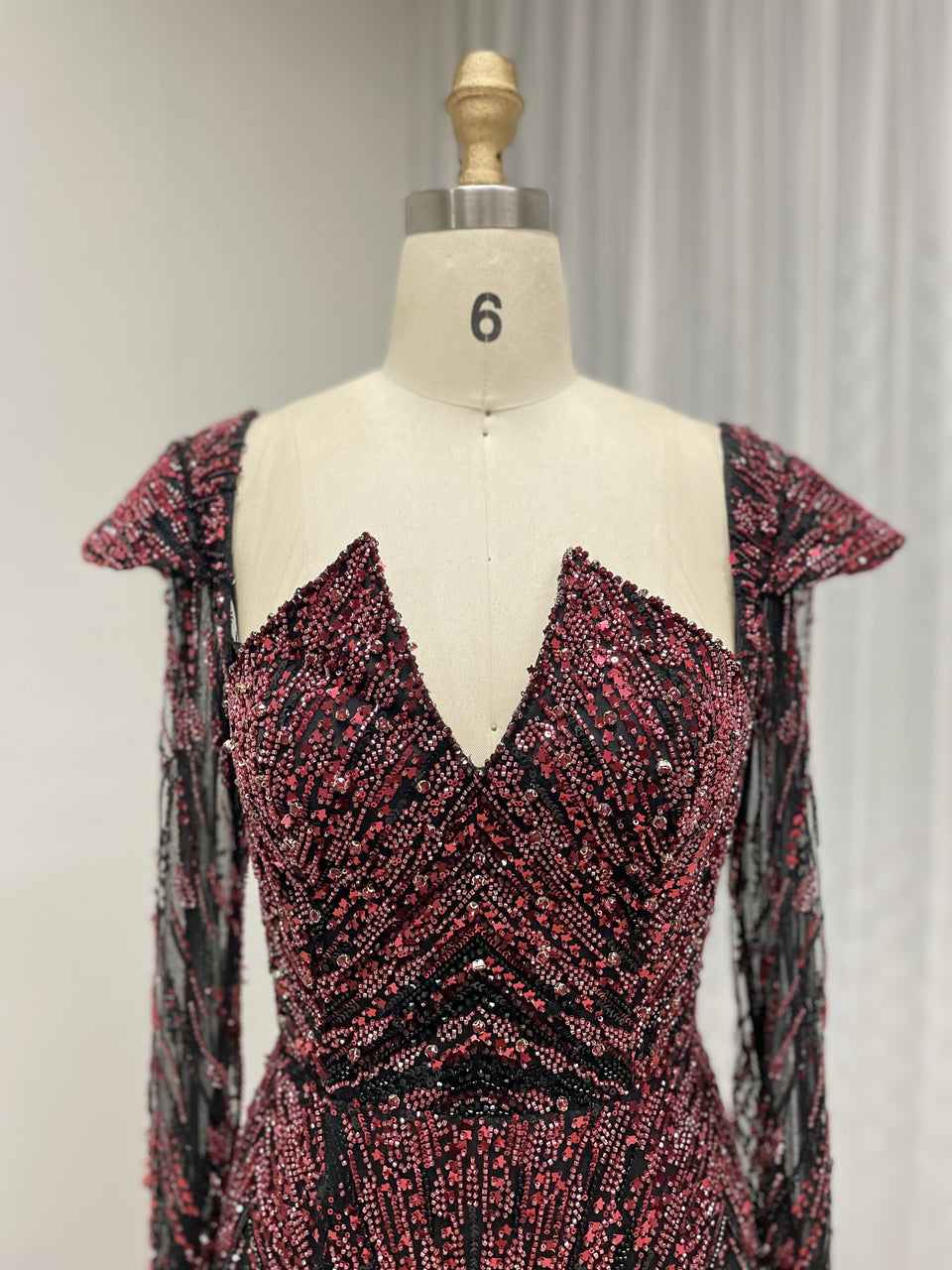 Luxury Arabic Beaded Prom Gown Long Sleeve Black Wine Slit Party Dress MY30194