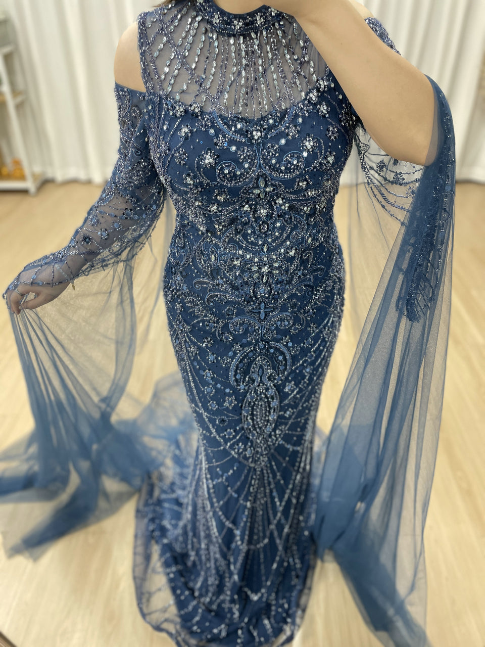 Blue Mermaid Sequin Dress Cold Shoulder High Neck Prom Gown MY30195