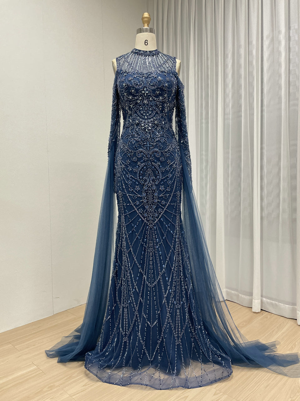 Blue Mermaid Sequin Dress Cold Shoulder High Neck Prom Gown MY30195
