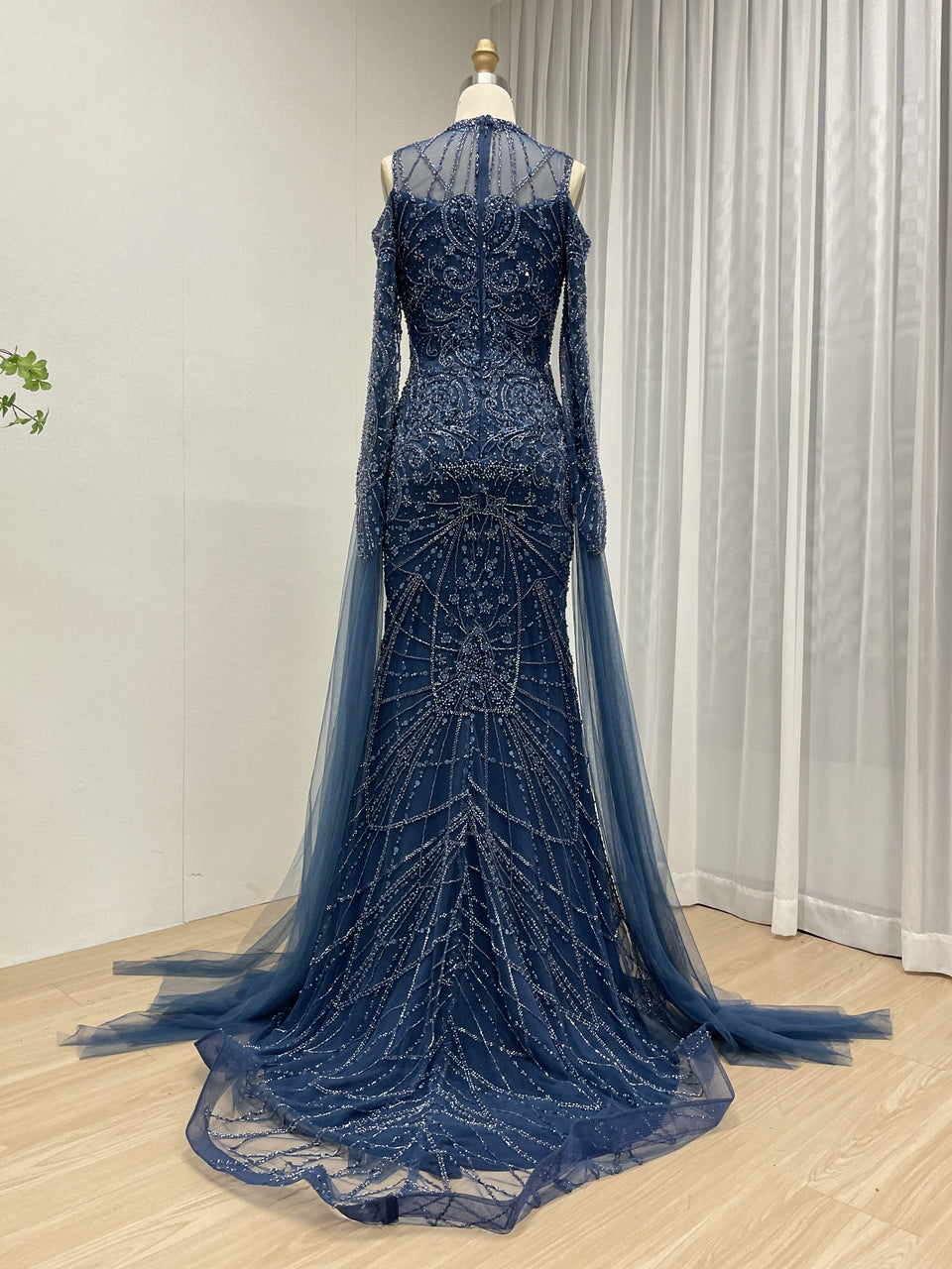 Blue Mermaid Sequin Dress Cold Shoulder High Neck Prom Gown MY30195