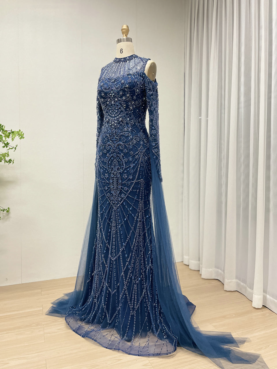 Blue Mermaid Sequin Dress Cold Shoulder High Neck Prom Gown MY30195
