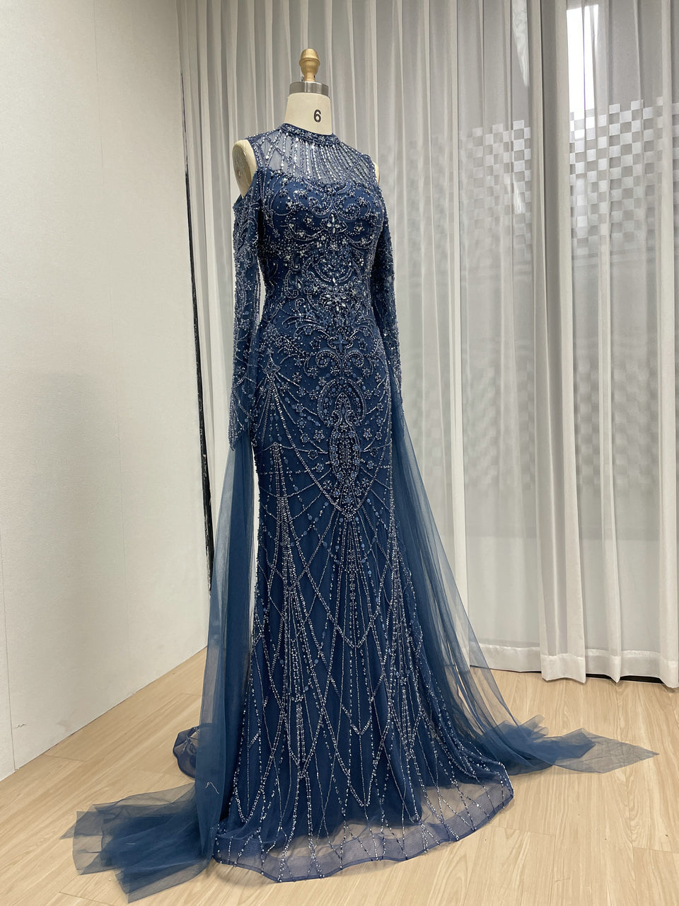 Blue Mermaid Sequin Dress Cold Shoulder High Neck Prom Gown MY30195