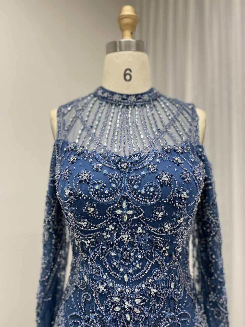Blue Mermaid Sequin Dress Cold Shoulder High Neck Prom Gown MY30195