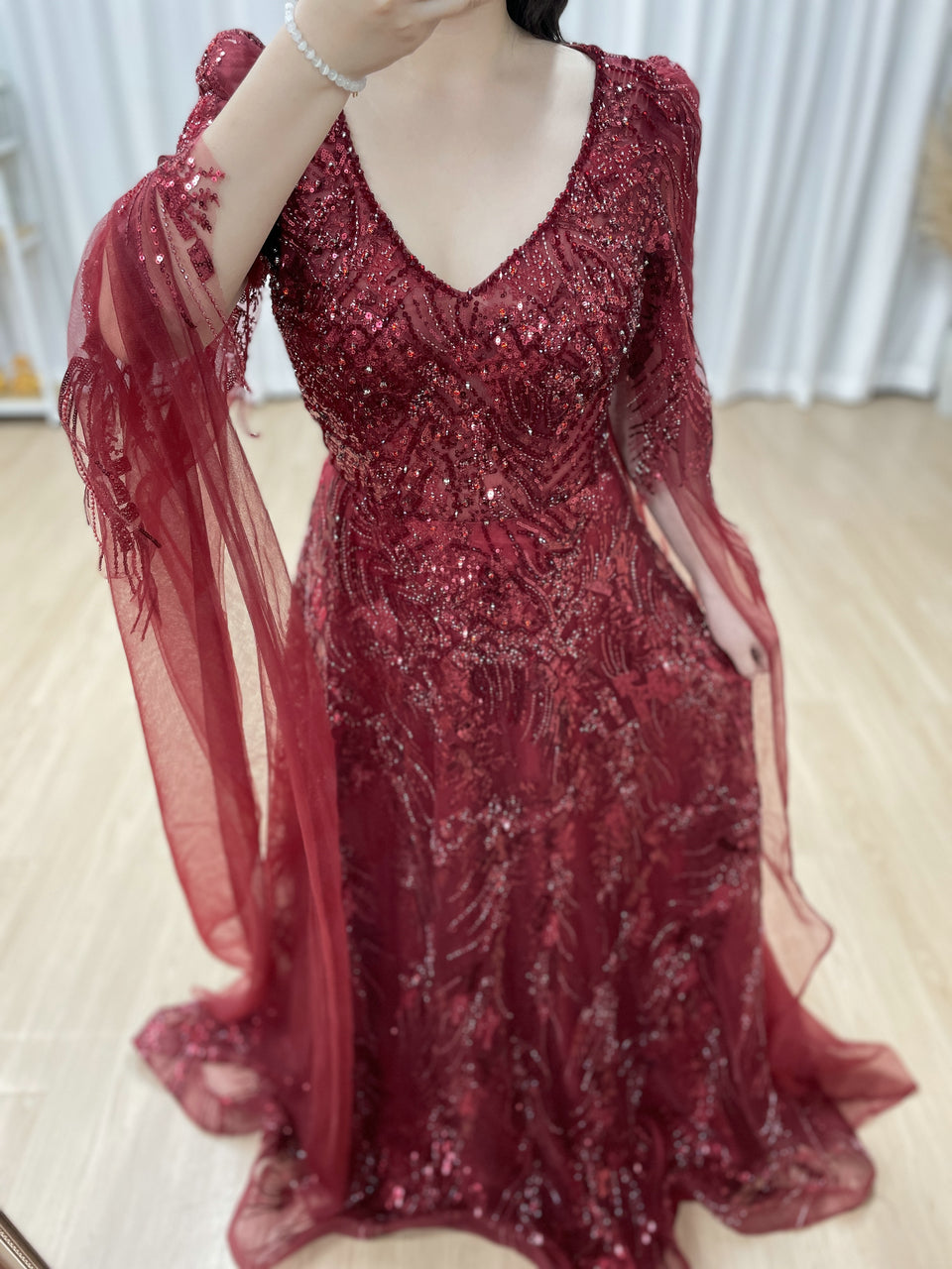 Wine Beaded Evening Dress Long Sleeves for Wedding Party Arabic MY30196