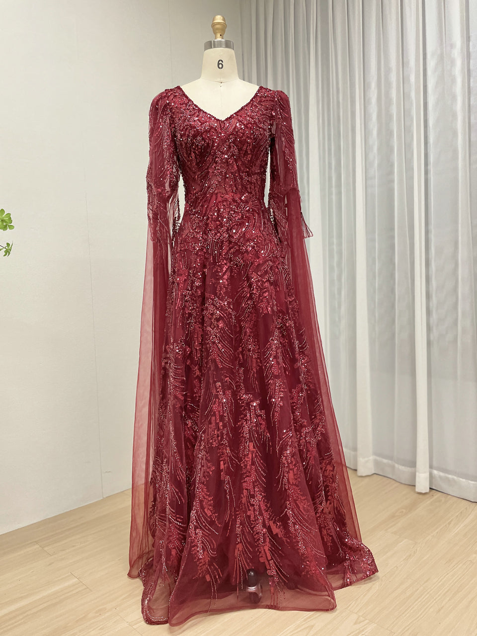 Wine Beaded Evening Dress Long Sleeves for Wedding Party Arabic MY30196