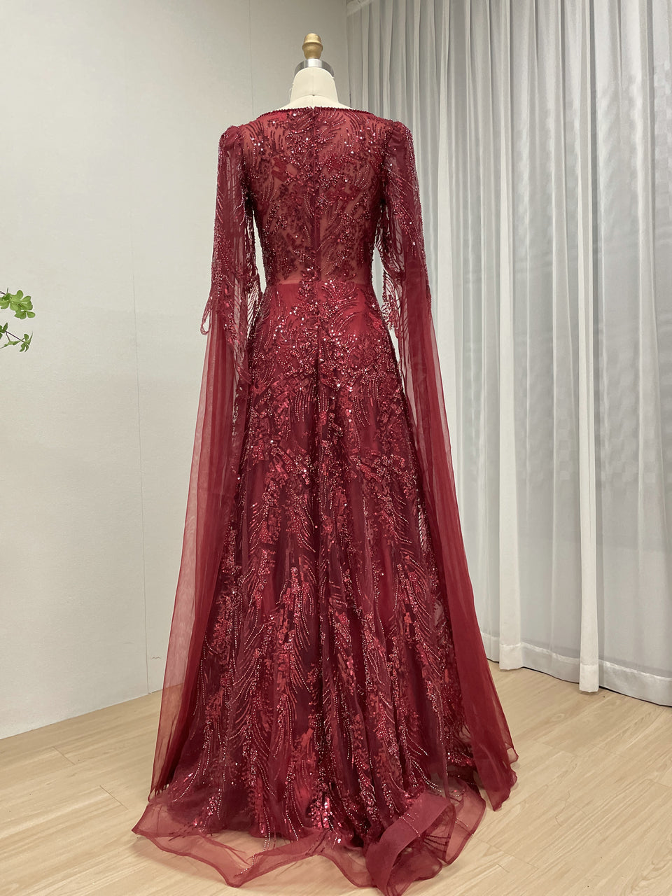 Wine Beaded Evening Dress Long Sleeves for Wedding Party Arabic MY30196