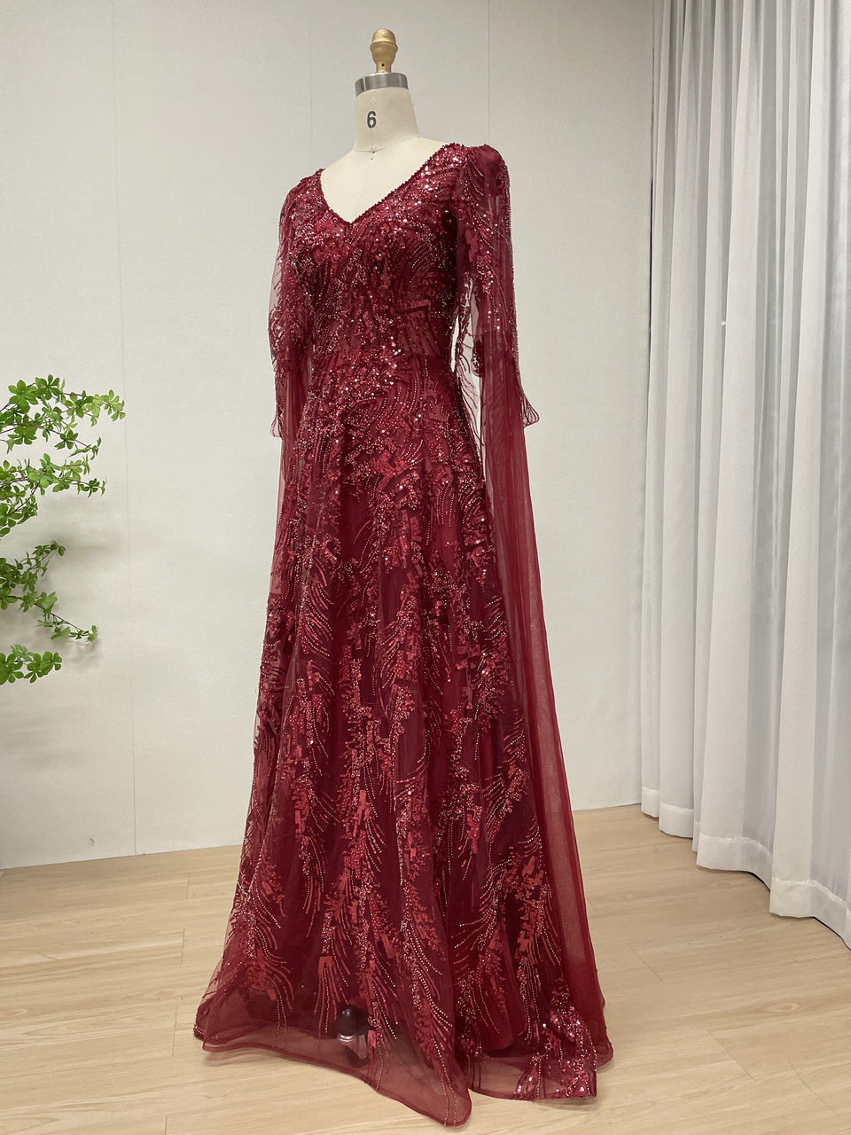 Wine Beaded Evening Dress Long Sleeves for Wedding Party Arabic MY30196