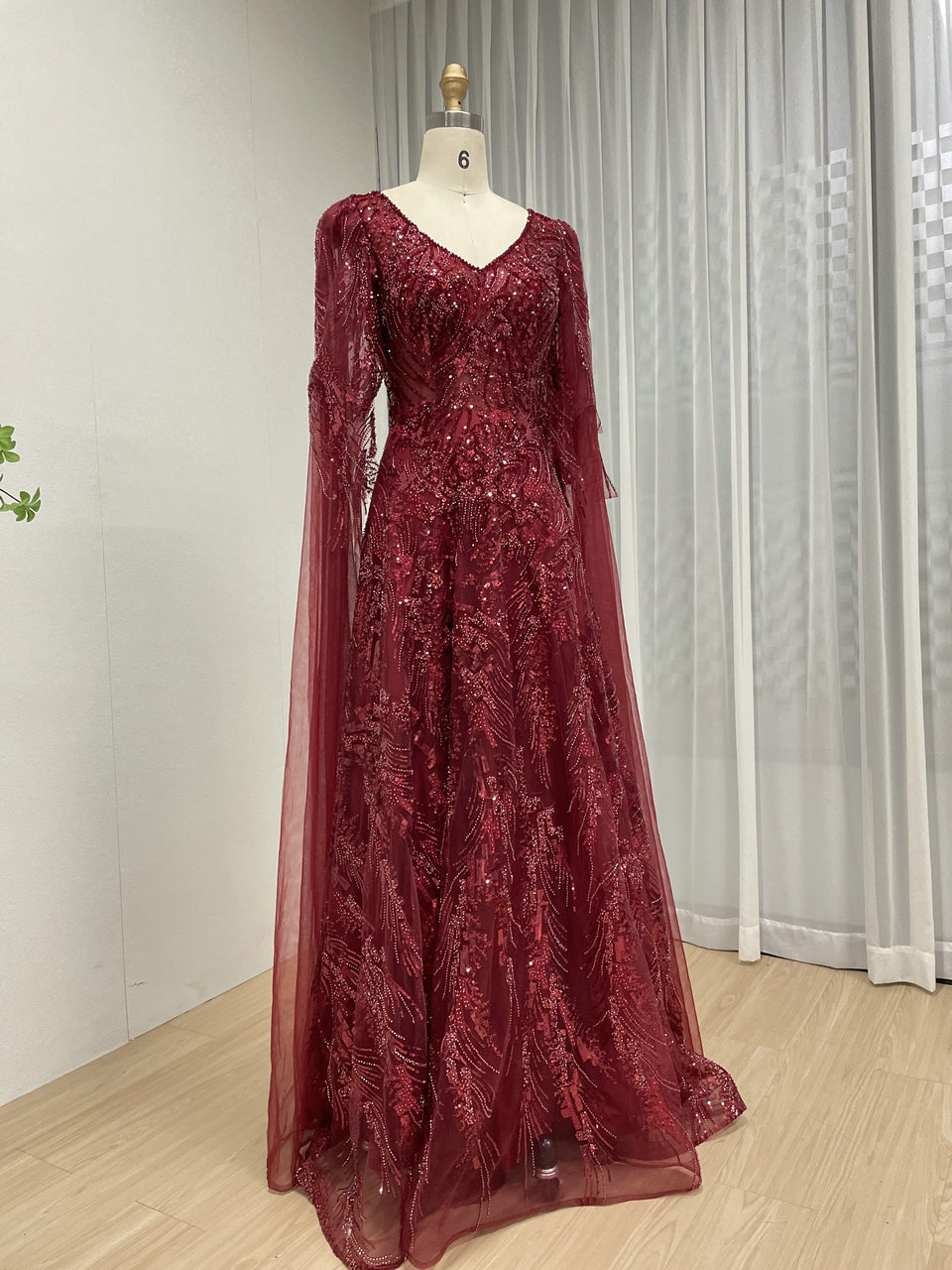 Wine Beaded Evening Dress Long Sleeves for Wedding Party Arabic MY30196
