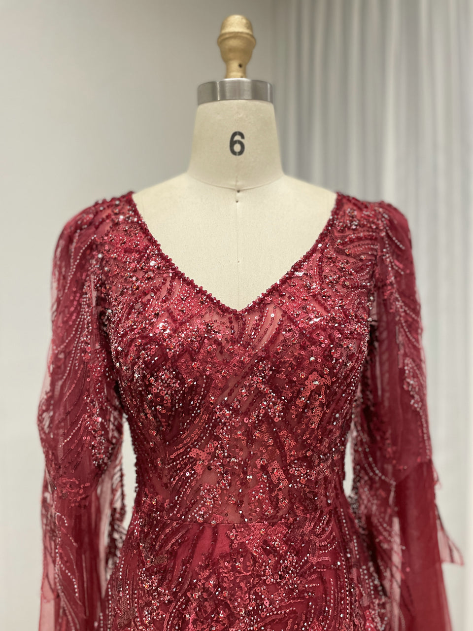 Wine Beaded Evening Dress Long Sleeves for Wedding Party Arabic MY30196