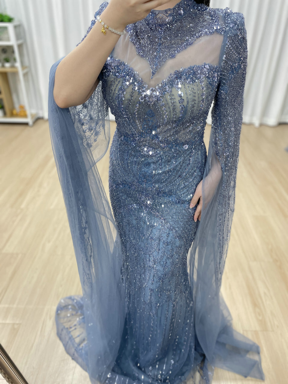 Blue Beaded Evening Dress Long Cape Sleeves Tulle Arabic Gown MY30197