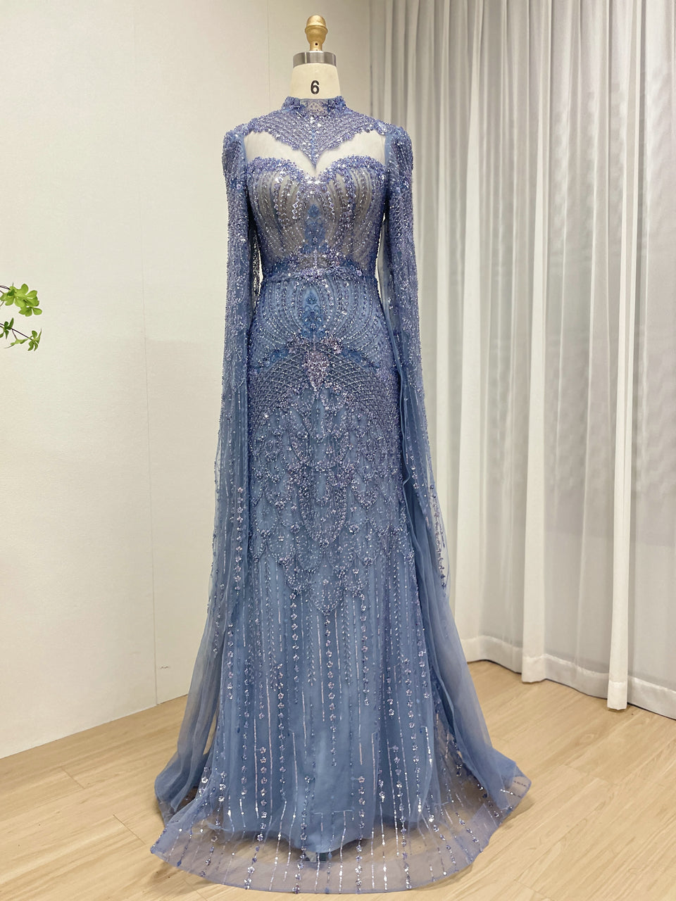 Blue Beaded Evening Dress Long Cape Sleeves Tulle Arabic Gown MY30197