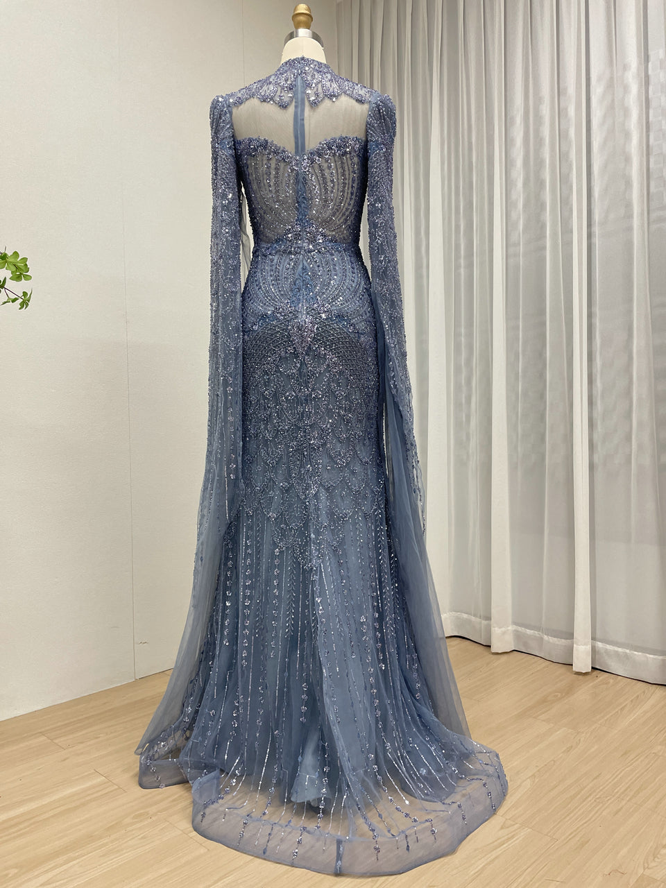 Blue Beaded Evening Dress Long Cape Sleeves Tulle Arabic Gown MY30197