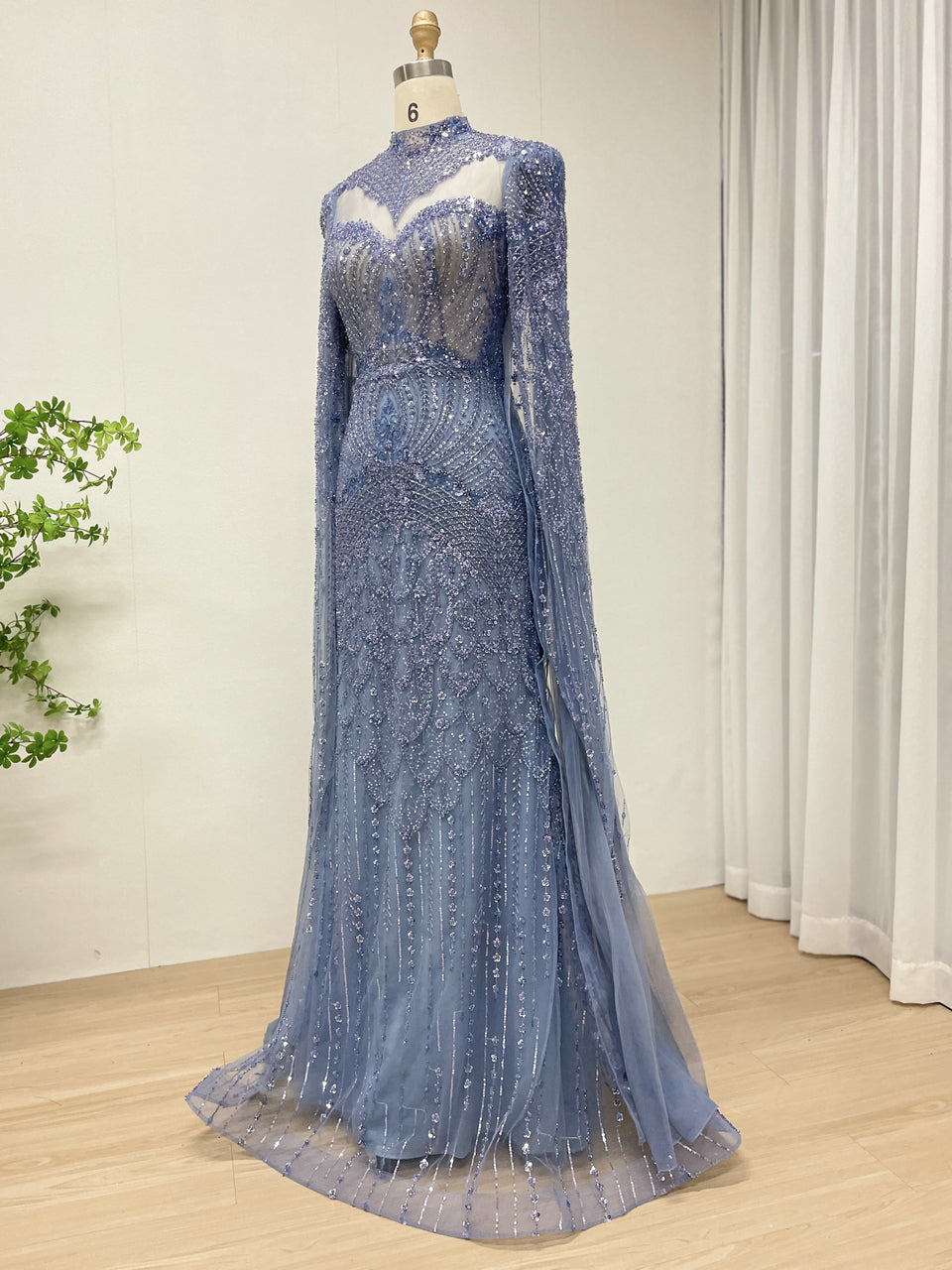 Blue Beaded Evening Dress Long Cape Sleeves Tulle Arabic Gown MY30197