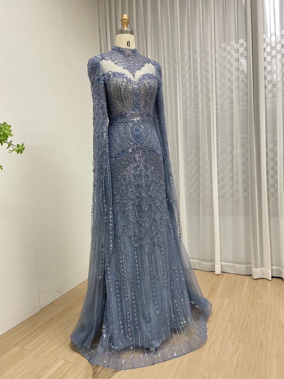Blue Beaded Evening Dress Long Cape Sleeves Tulle Arabic Gown MY30197