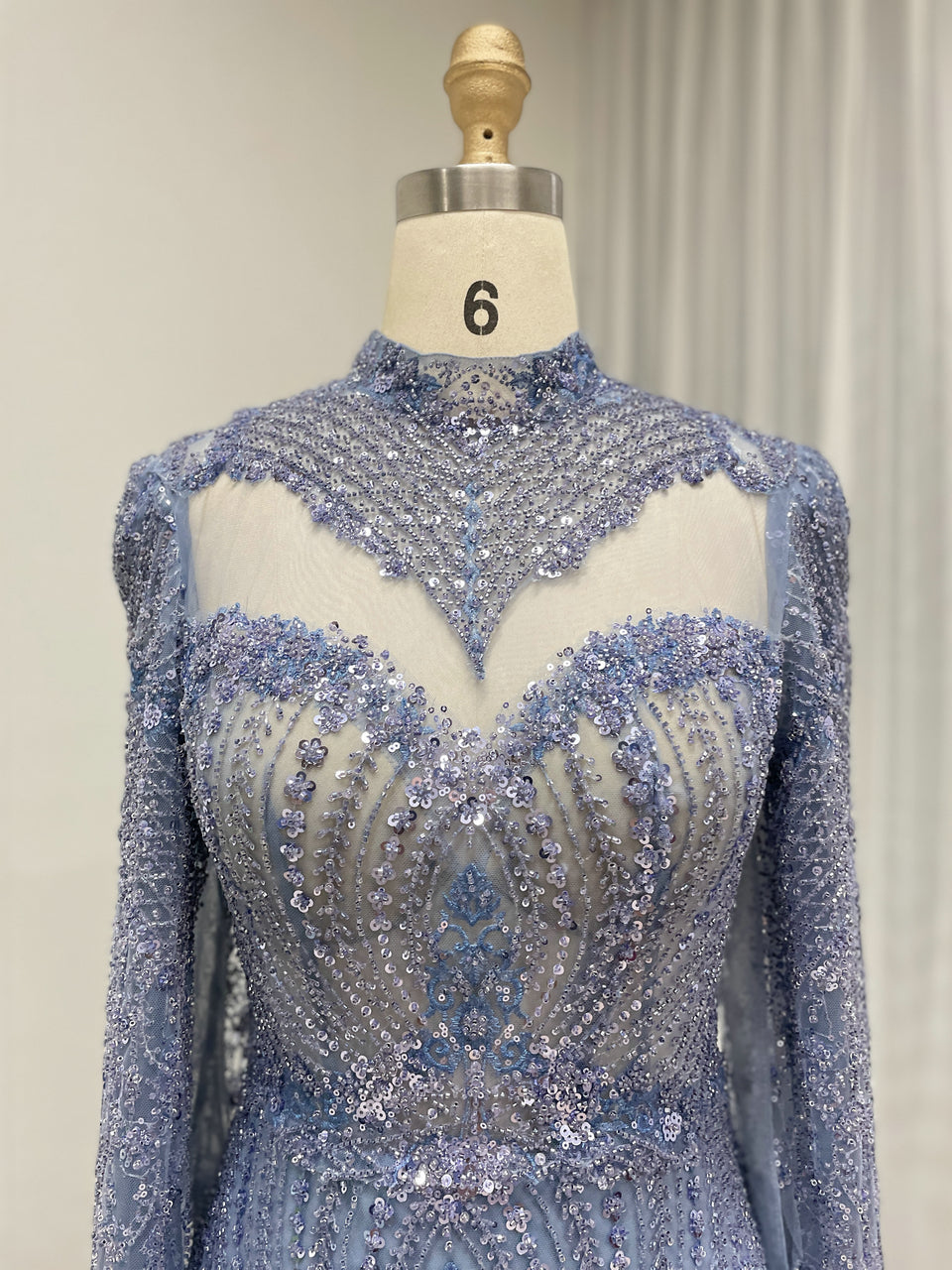 Blue Beaded Evening Dress Long Cape Sleeves Tulle Arabic Gown MY30197
