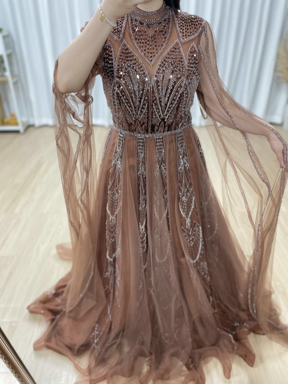 Brown High Neck Evening Dress Full Sleeve Sheer Bodice A-Line Prom MY30198