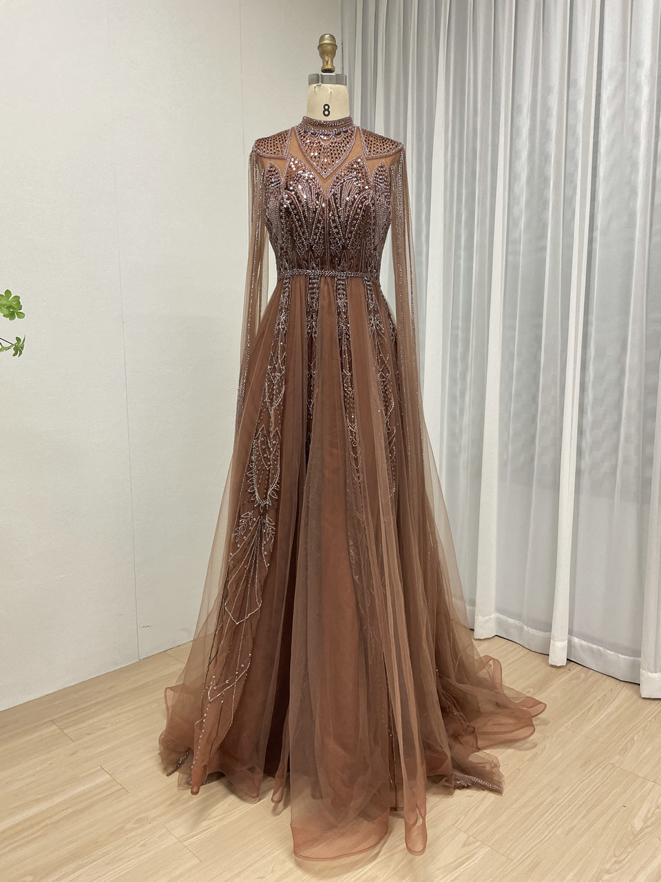 Brown High Neck Evening Dress Full Sleeve Sheer Bodice A-Line Prom MY30198