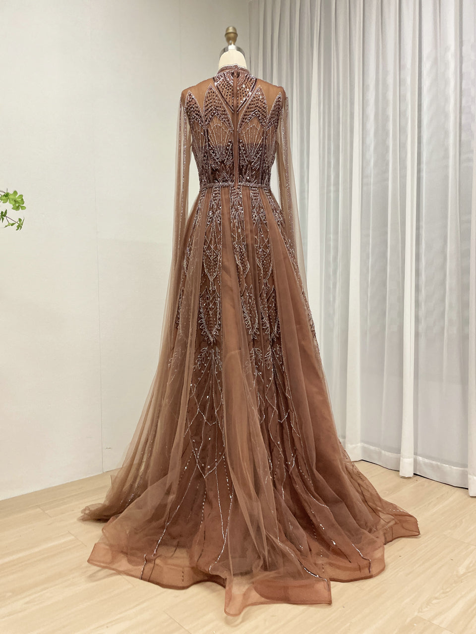 Brown High Neck Evening Dress Full Sleeve Sheer Bodice A-Line Prom MY30198
