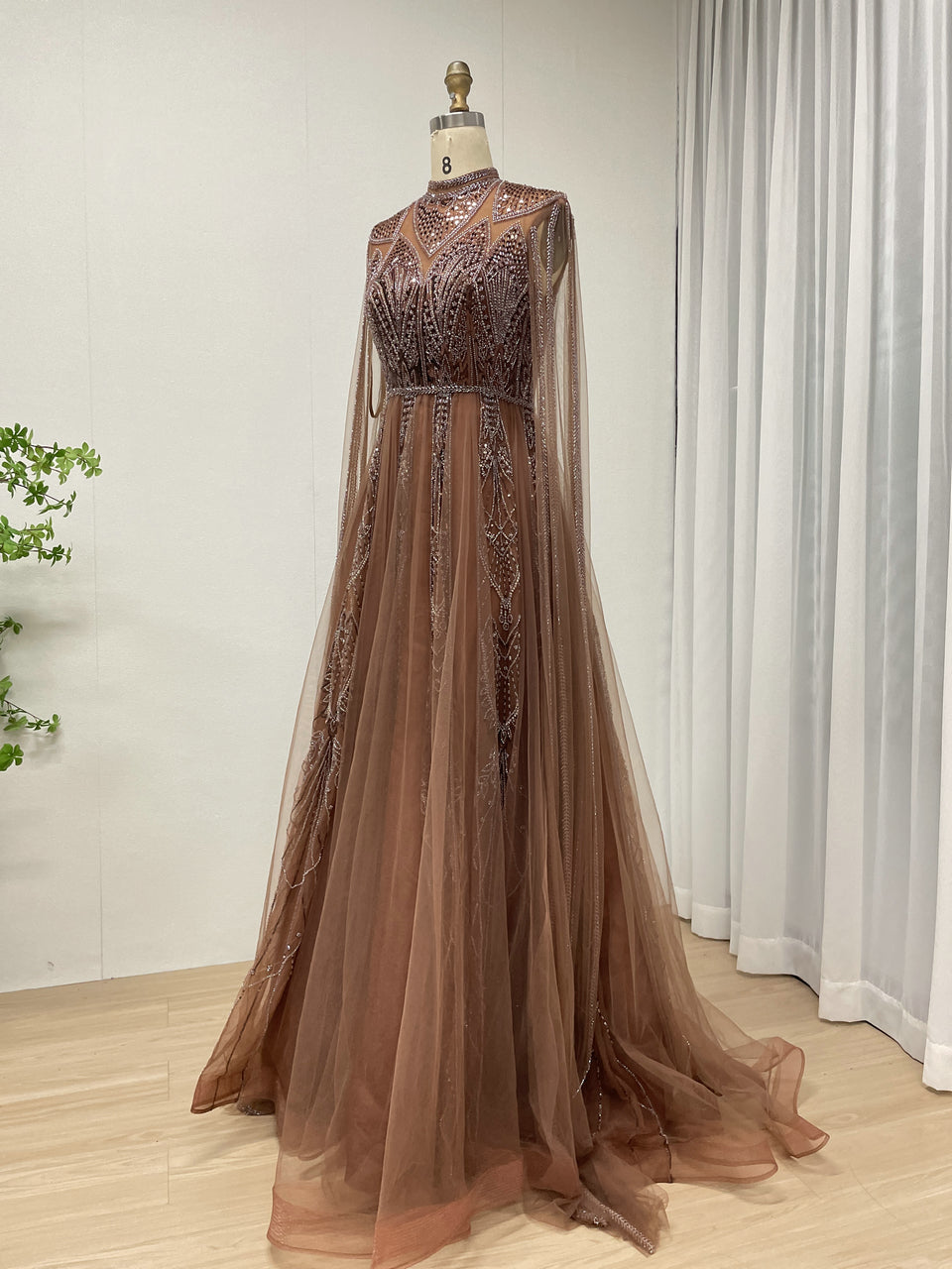 Brown High Neck Evening Dress Full Sleeve Sheer Bodice A-Line Prom MY30198