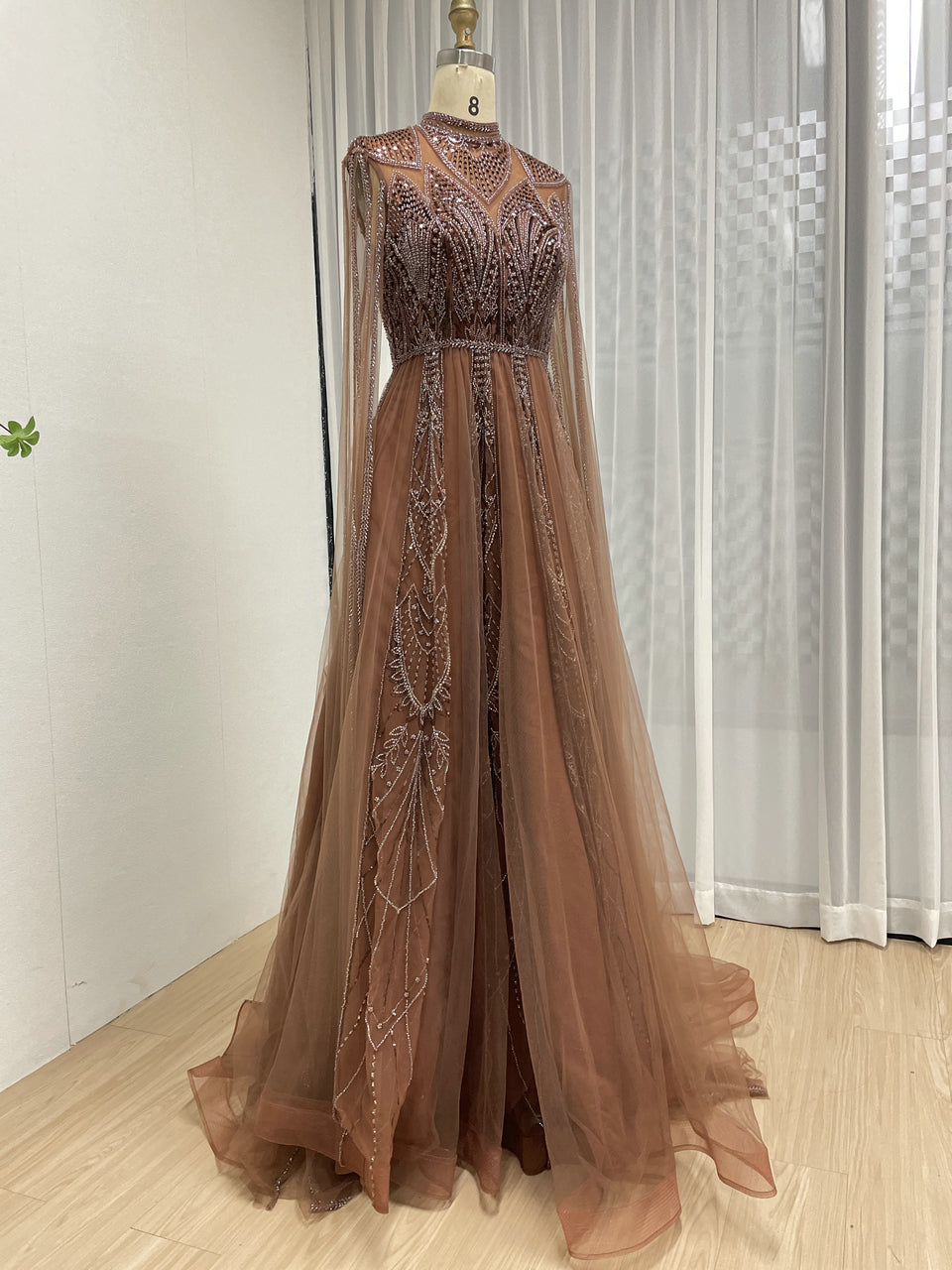 Brown High Neck Evening Dress Full Sleeve Sheer Bodice A-Line Prom MY30198
