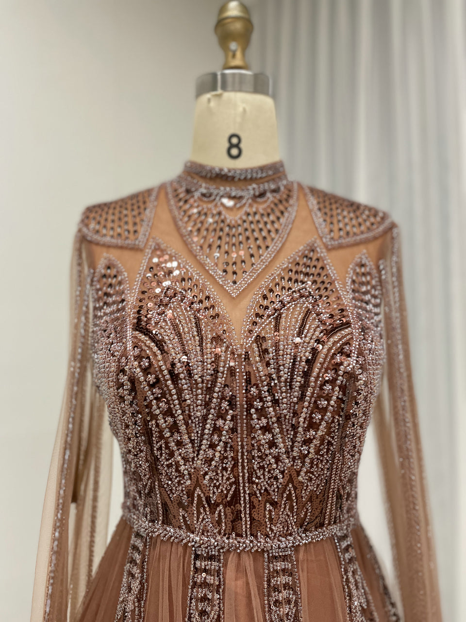 Brown High Neck Evening Dress Full Sleeve Sheer Bodice A-Line Prom MY30198