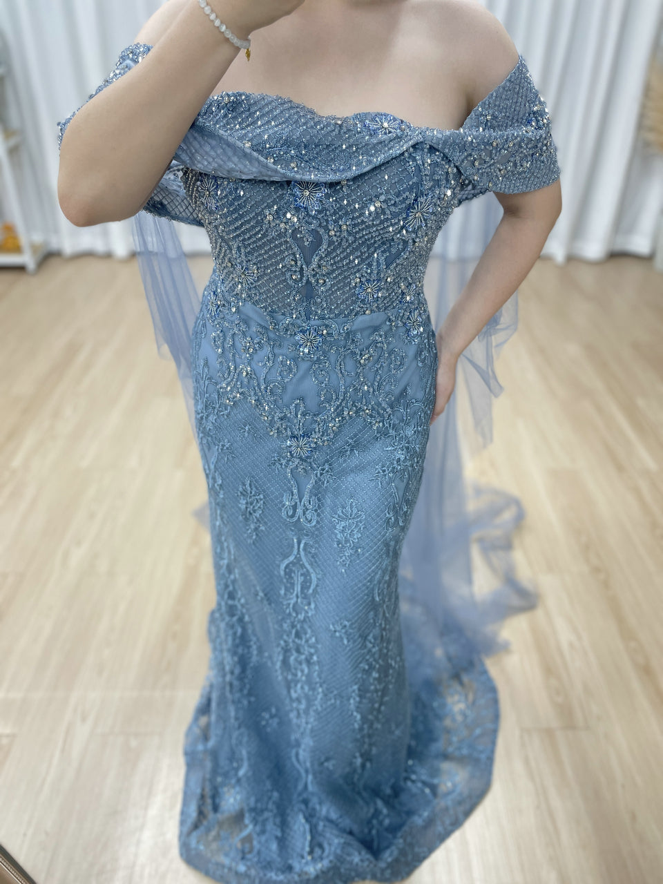 Blue Mermaid Lace Sequin Dress Off Shoulder Ruffle Prom Gown MY30199