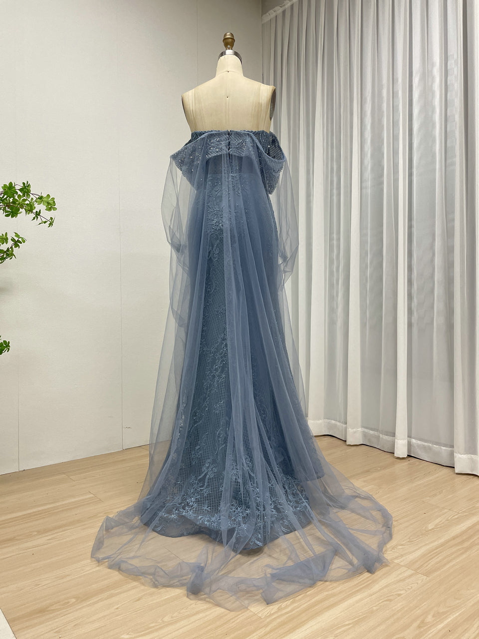 Blue Mermaid Lace Sequin Dress Off Shoulder Ruffle Prom Gown MY30199