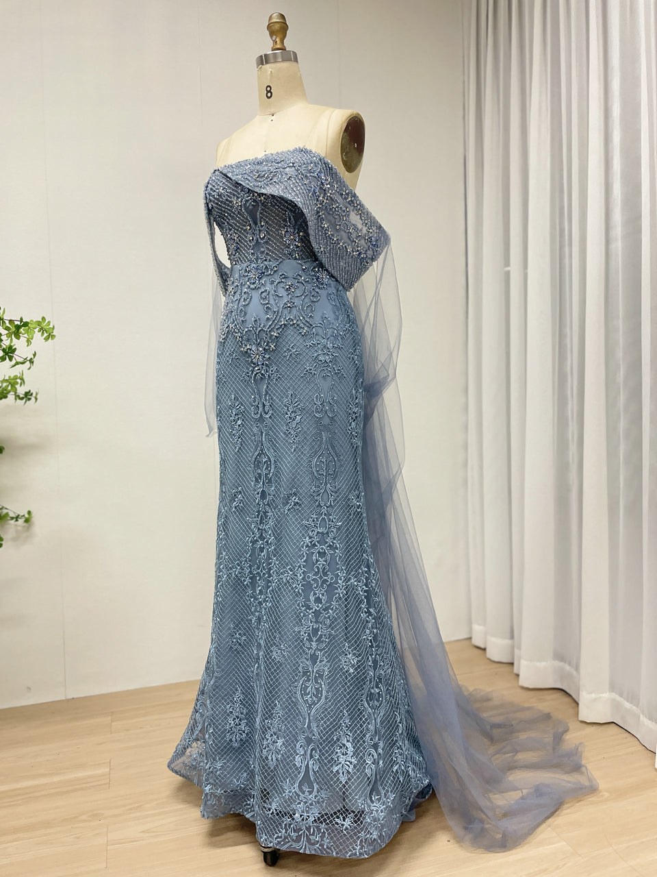 Blue Mermaid Lace Sequin Dress Off Shoulder Ruffle Prom Gown MY30199