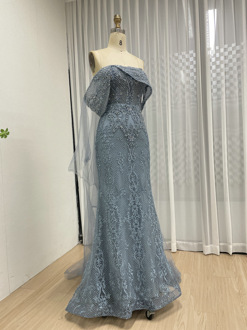 Blue Mermaid Lace Sequin Dress Off Shoulder Ruffle Prom Gown MY30199