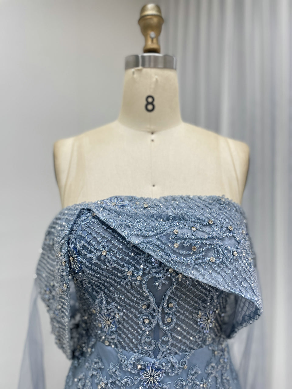 Blue Mermaid Lace Sequin Dress Off Shoulder Ruffle Prom Gown MY30199