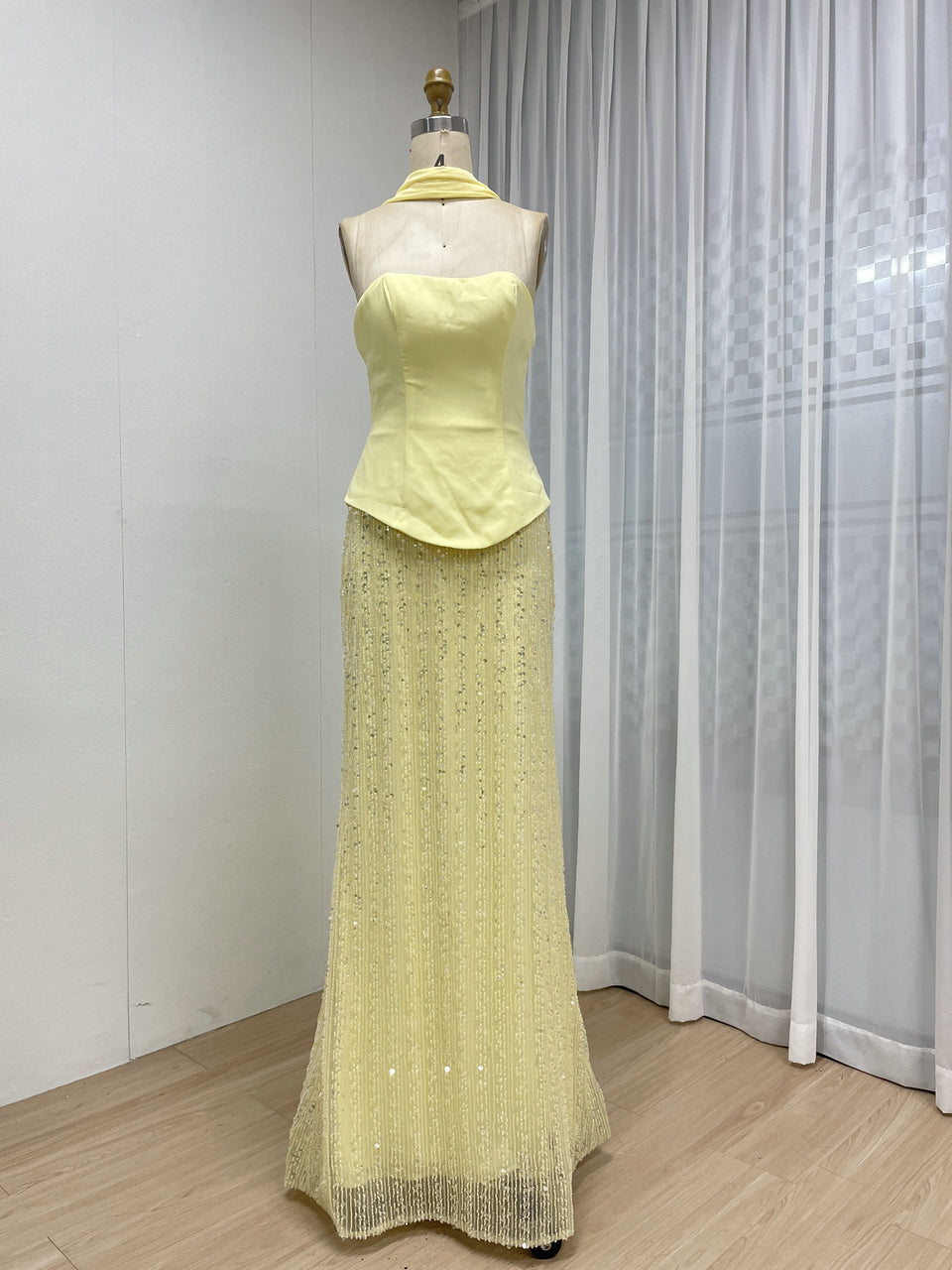 Bright Yellow Halter Neck Gown with Beaded Sheath Skirt MY30200