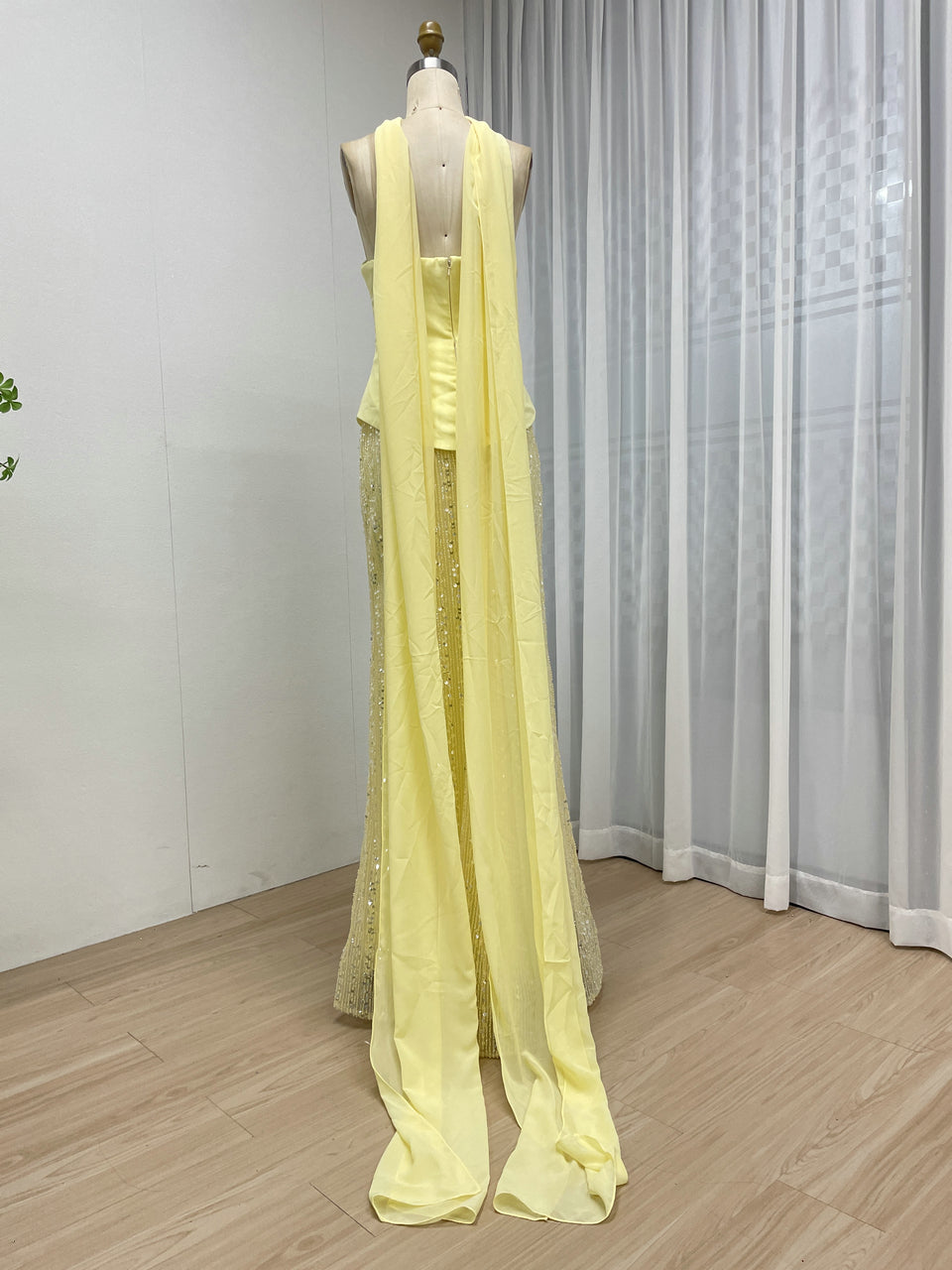 Bright Yellow Halter Neck Gown with Beaded Sheath Skirt MY30200