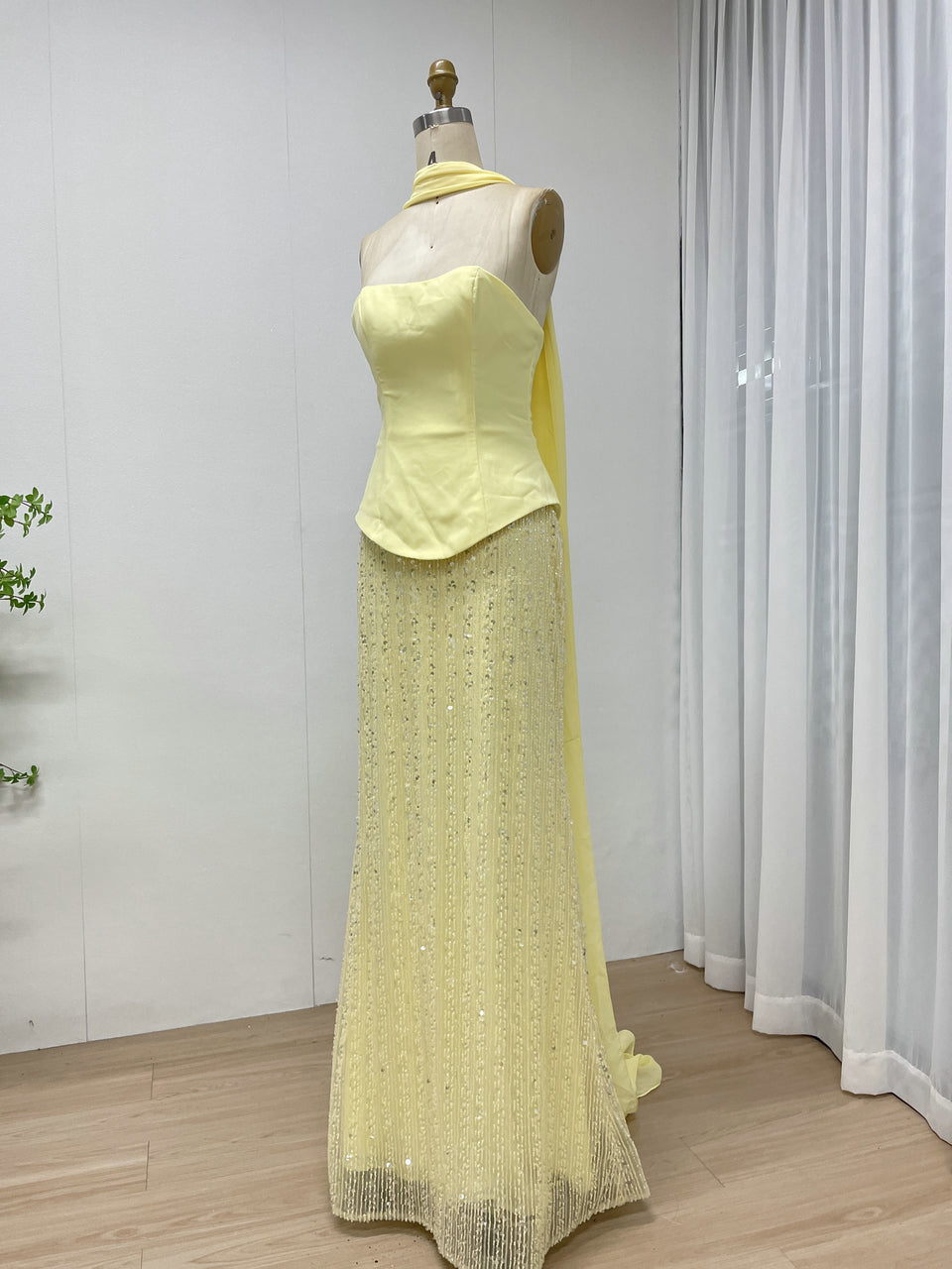 Bright Yellow Halter Neck Gown with Beaded Sheath Skirt MY30200