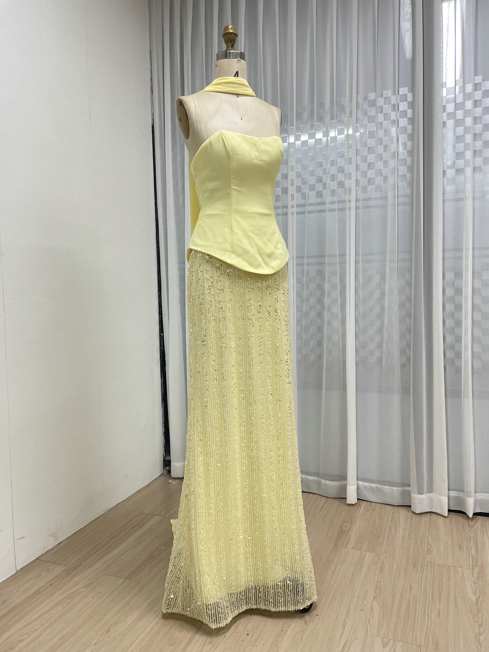 Bright Yellow Halter Neck Gown with Beaded Sheath Skirt MY30200